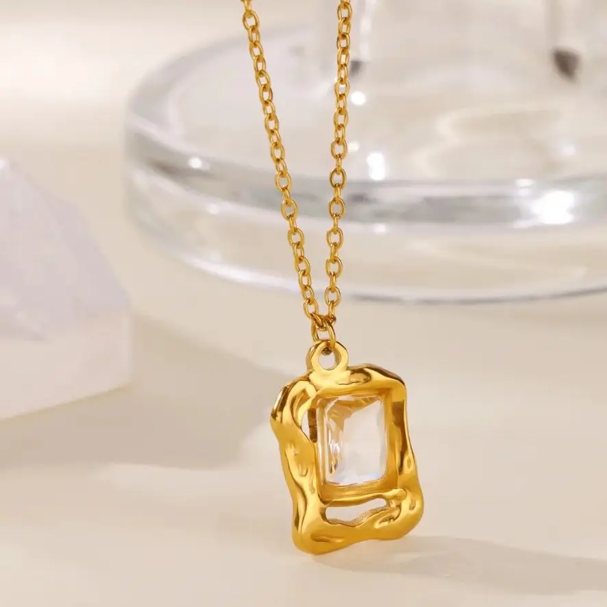 Zircon Square Pendant Necklaces 18K Gold Plated Stainless Steel Necklace