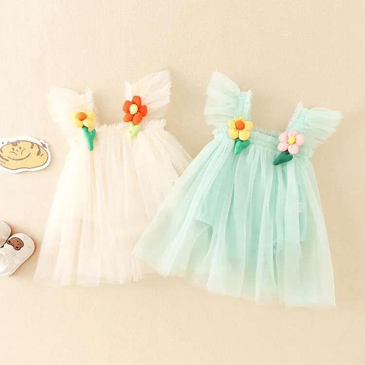 

Jenny&Dave Baby 3D Flower Mesh Dress 2023 Summer Flying Sleeves Girl Puffy Dress Princess Thin Harper Dress Girl