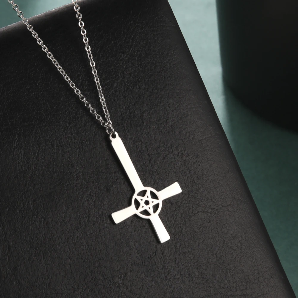 VASSAGO Collana Uomo Donna In Acciaio Inox - Ciondolo Pentagramma E Croce Inversa, 60 Cm, Idea Regalo