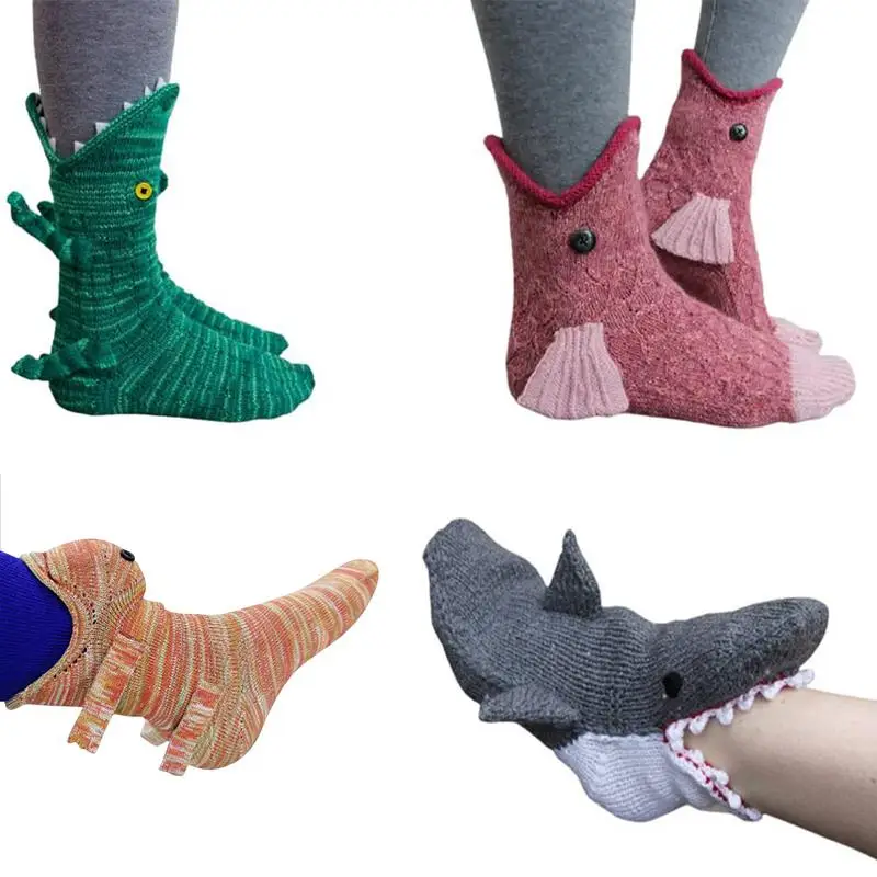 Хамелеоновые вязаные крокодиловые носки, модные рождественские носки аллигатора, причудливые вязаные милые носки с рыбками, животные, искусственные зимние