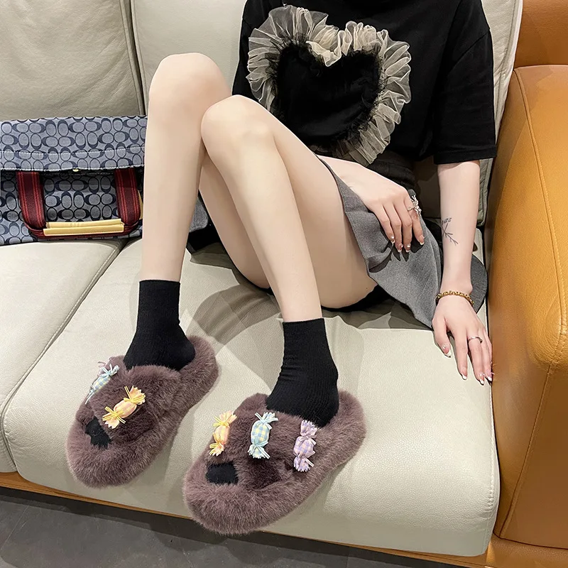 Fluffy Slippers Women Shoes Insect Decor Gold Color Sandals Ladies Flip Flops Furry Winter Luxury Slippers Casual Indoor 2022