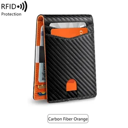 Ultra-Thin Minimalist Men's RFID Blocking Bi-Fold Wallet - Multi-Functional Card Holder (QB337-Carbonorange)