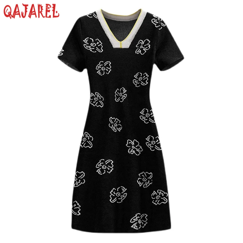 

Women Black Floral Knitted Cotton V-Neck Mini Dress 2024 Korean Vintage Hepburn Casual Dress Summer Elegant Office Lady Dresses
