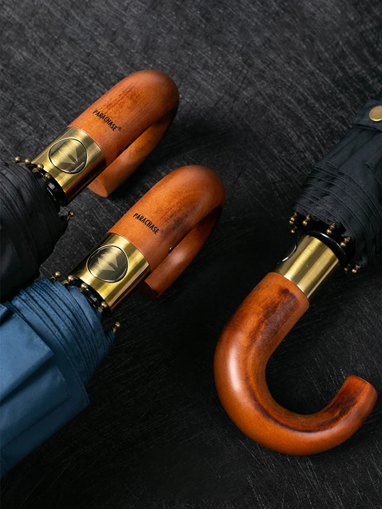 New Large Wood Automatic Umbrella Business Men Brand Big Golf Folding Umbrella Rain Women Auto Vintage Parasol Windproof 10 Ribs