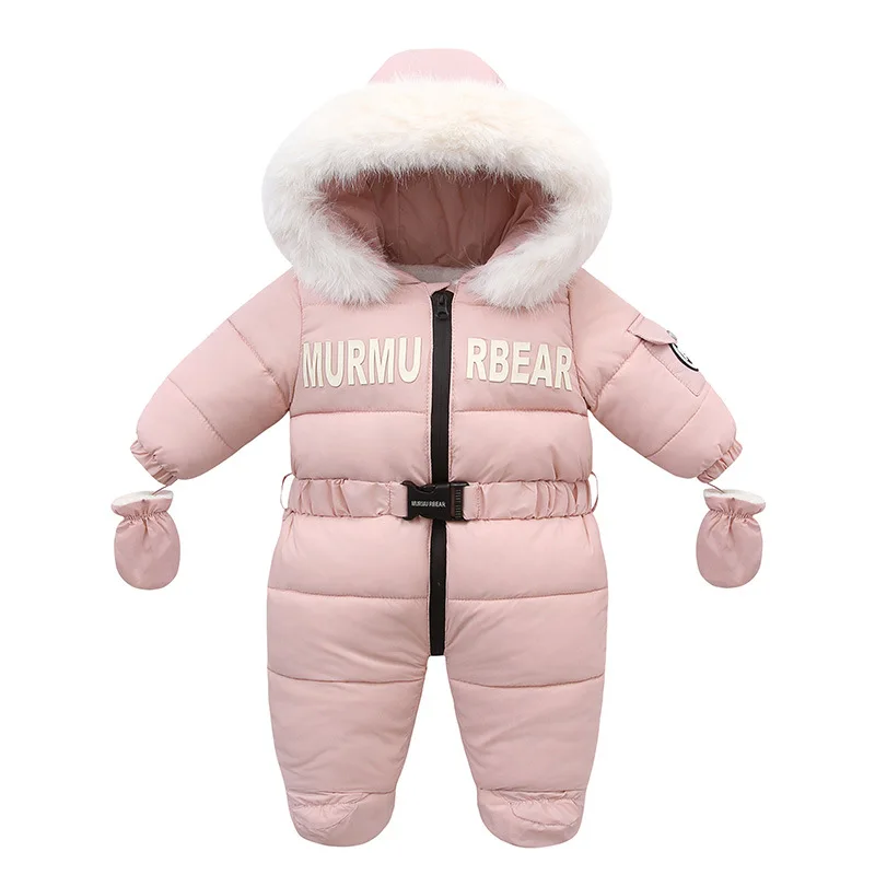 Winter Jumpsuit For Infants Plus Velvet Hooded Newborn Baby Romper 0-2 Years Girl Winter Overalls Snowwear With Scarf