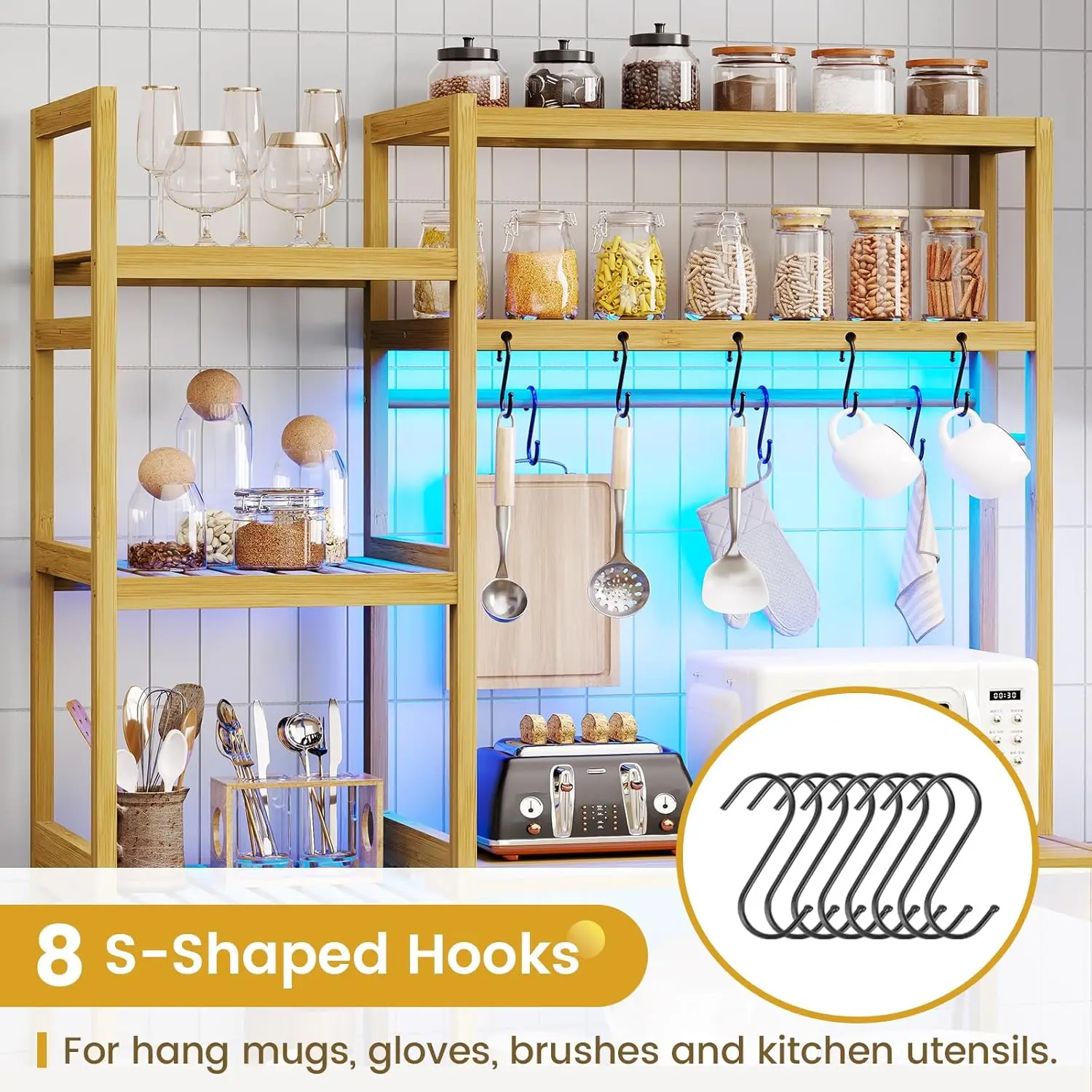 Baker rack with power outlet, 10 level kitchen rack with 8 hooks, microwave Kitchen Freestanding utility storage