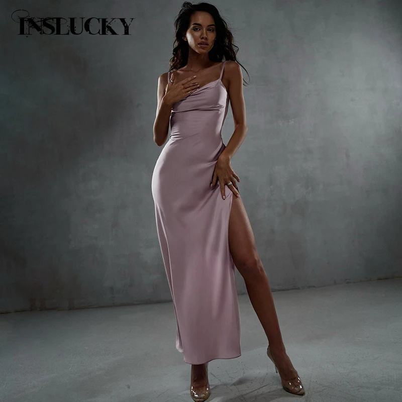 

InsLucky Satin Bow Tie Backless Purple Dress Women Spaghetti Strap Strapless High Slit Sexy Elegant Evening Party Dresses 2024