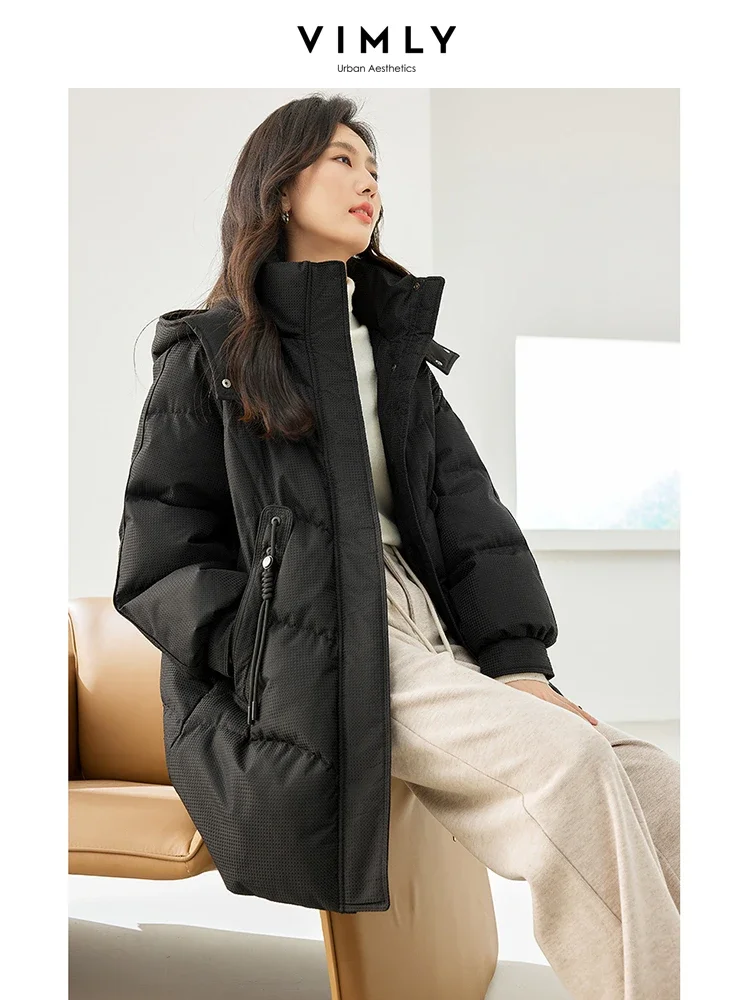 Vimly Hooded Stand Collar Zipper Duck Down Jackets 2023 Winter New Casual Straight Thick Warm Long Coats for Office Ladies 50719