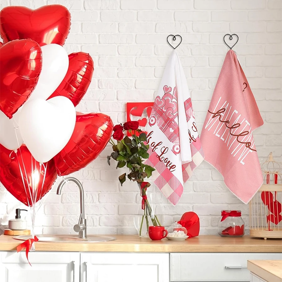 2 Valentine's Day kitchen towels, pink and white checkered 40 * 60cm heart-shaped love truck printed tea towelssuitable for cook