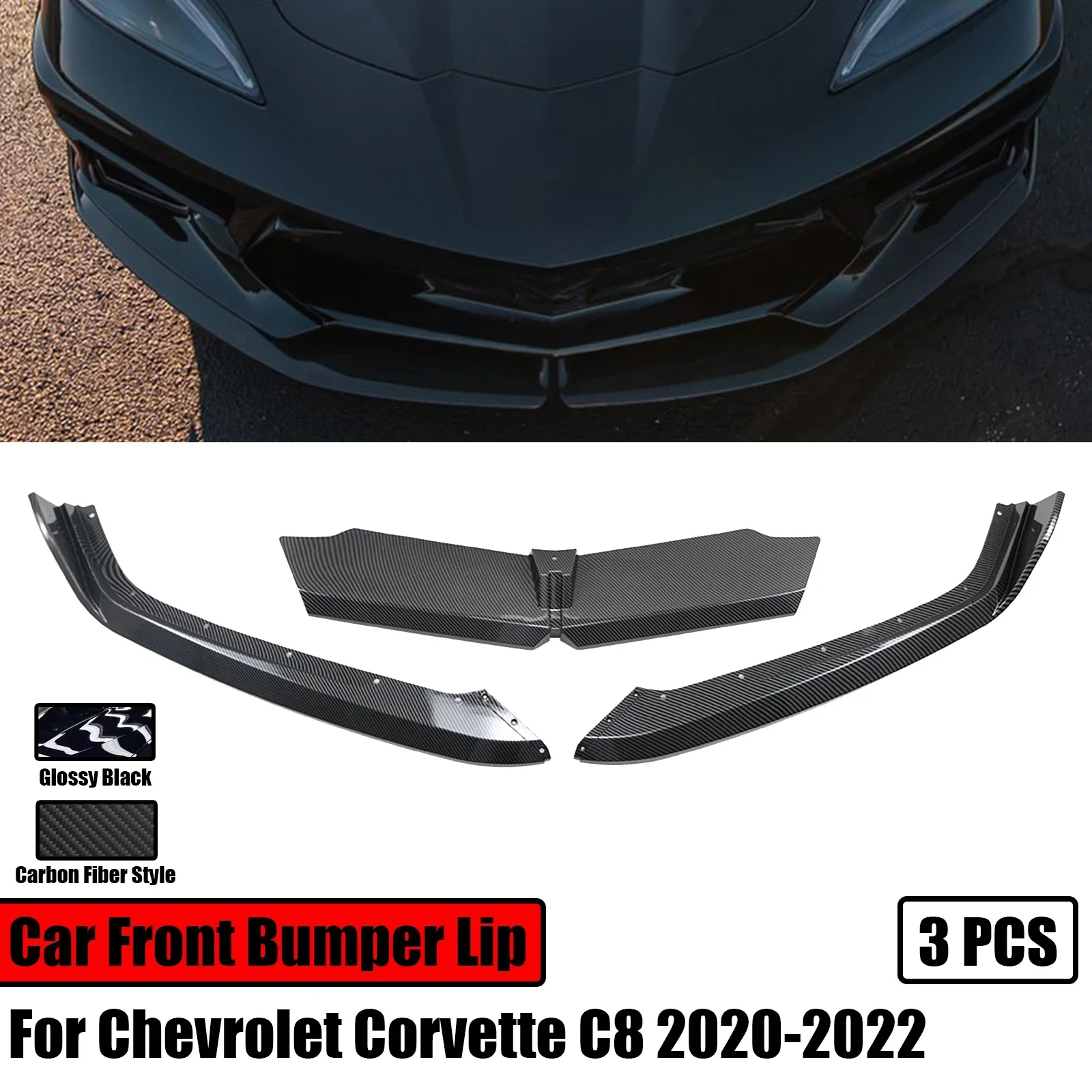 

A Set Car Front Bumper Lip For 2020-2022 Chevrolet Corvette C8 Diffuser Splitter Spoiler Carbon Fiber Style Glossy Black