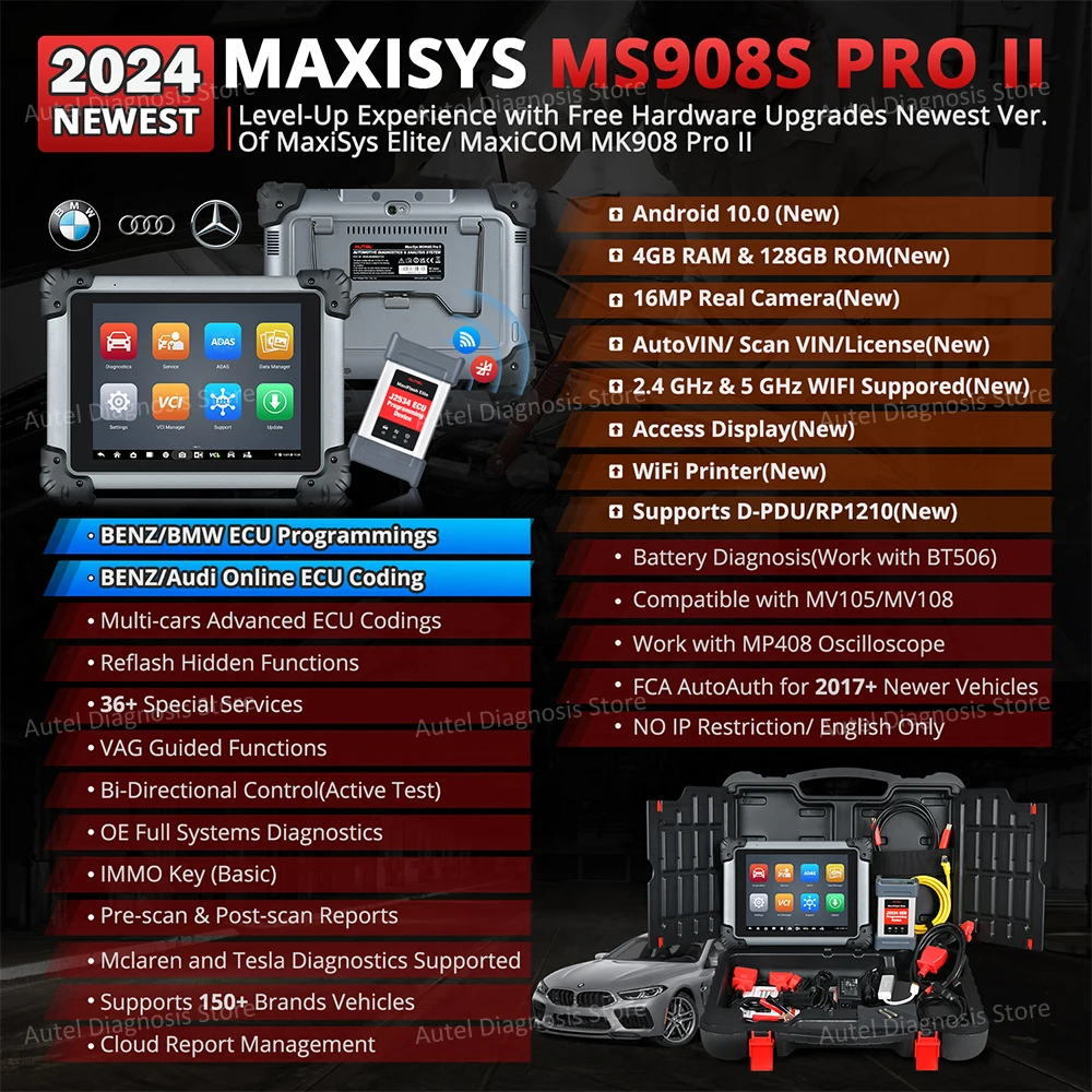 Autel MaxiSys MS908S Pro II Diagnostic Scan Tool ECU Online Programming , Full Diagnosis, 36+ Reset, Bi-Directional OBD2 Scanner