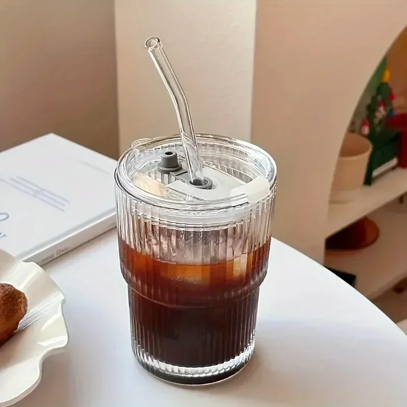 Glass Cup 1/2PCS 450ml Stripe Glass Cup Transparent With Lid and Straw Ice Coffee Mug Tea Cup Juice Glass Milk Water Drinkware
