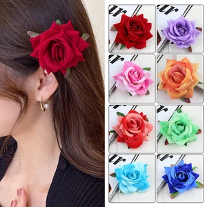 Flocked Edge Curl Rose Flower Shaped Hairpin Bridal Wedding Bridesmaid Barrette Brooches Bridal Headdress Beach Party Headwear