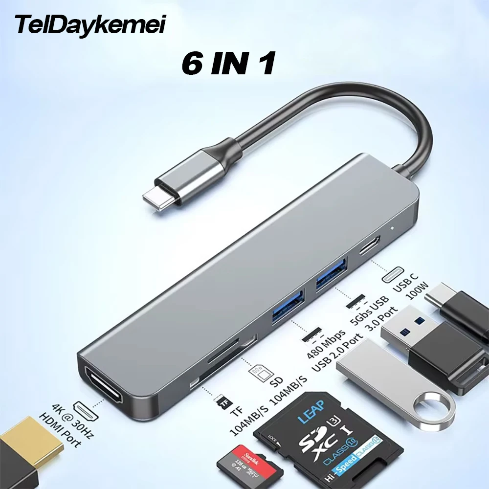 USB C Hub Type C 3.0 Adapter to 4K HDMI SD TF Card PD Fast Charge Splitter Docking Station Hub for Phone MacBook Computer