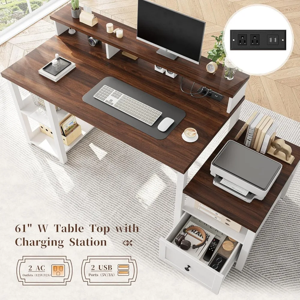 63" Computer Desk with Drawers Cabinet, Office Desk with Power Outlets, Home Office Desks with Shelves Monitor Stand, Farmhouse 5