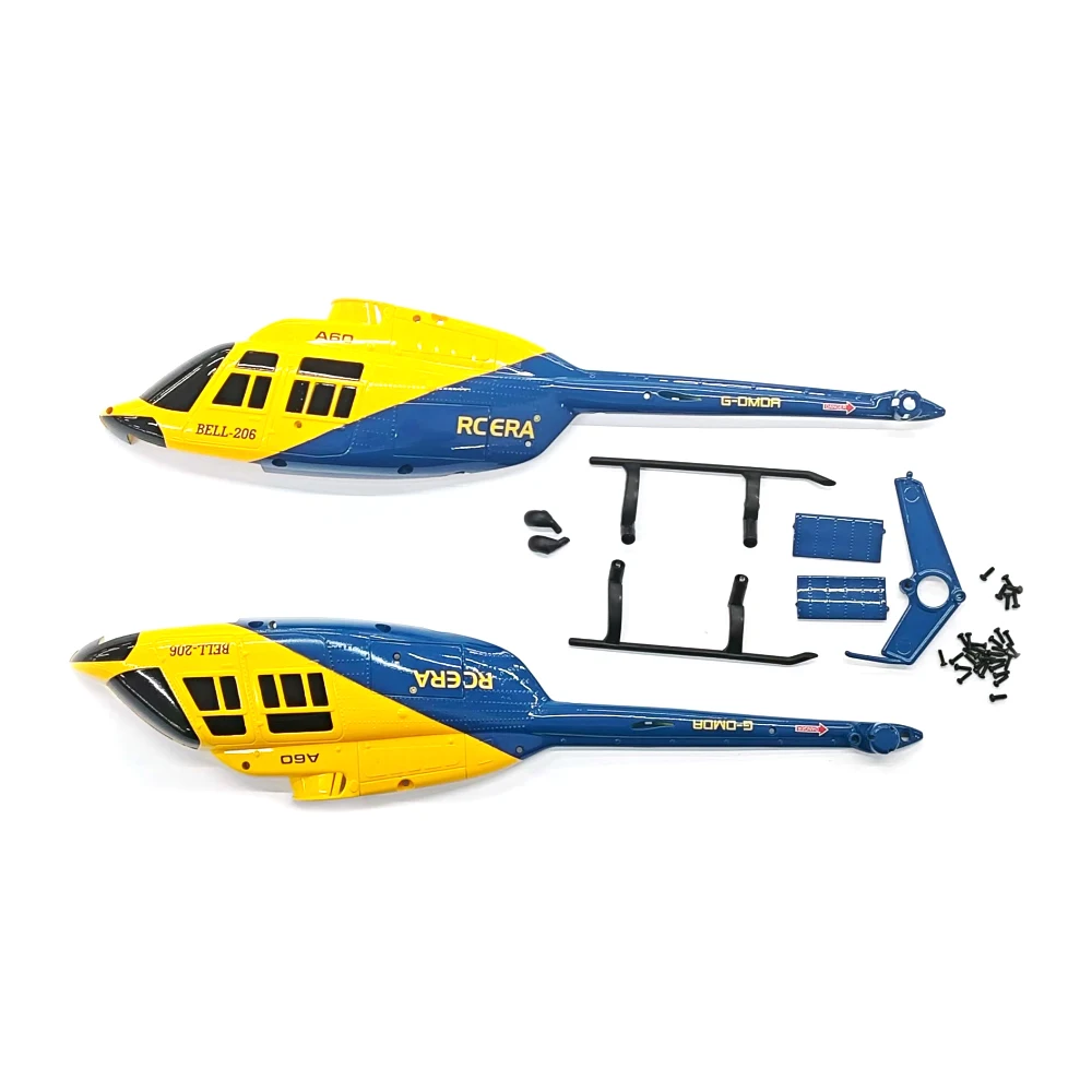 Auvent de rechange pour hélicoptère RC ERA A60 Mini Bell-206 en jaune, vue latérale avec les pales du rotor.