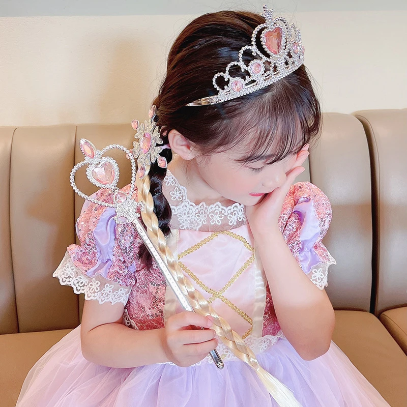 3Pcs/Set Little Girls Elsa Magic Wand Queen Crown Snowflake Weaving Braid Cosplay Props Kids Play Toys Crystal Accessories