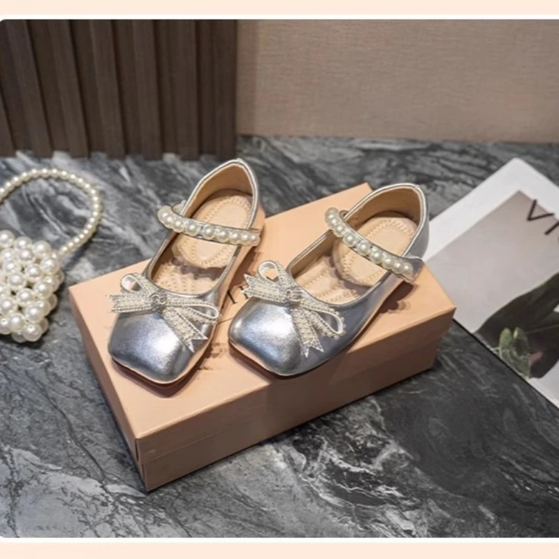 Leather Girls Mary Jane Flats with Shiny Bow for Autumn