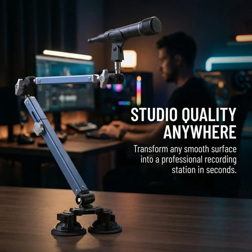 Lanparte 마이크 붐 암, 마이크 스탠드 데스크 3/8 및 5/8 나사산이 있는 이중 흡착 컵 베이스, Hyper X Fifine K669B Shure용 마이크 암
