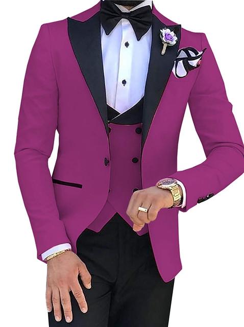 2023 Men 3 Pieces Suits For Men Custom Made Groom Groomsmen Tuxedos Wedding Men Suit Terno Masculino(Jacket+Pant+Vest) - Fushcia, XXXL