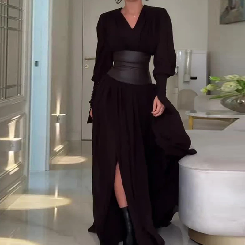 Women Casual Girdling Autumn Retro Maxi Dress Vintage High Split Pleats Holiday Fashion Long Sleeve Big Hem Party women maxi dress
