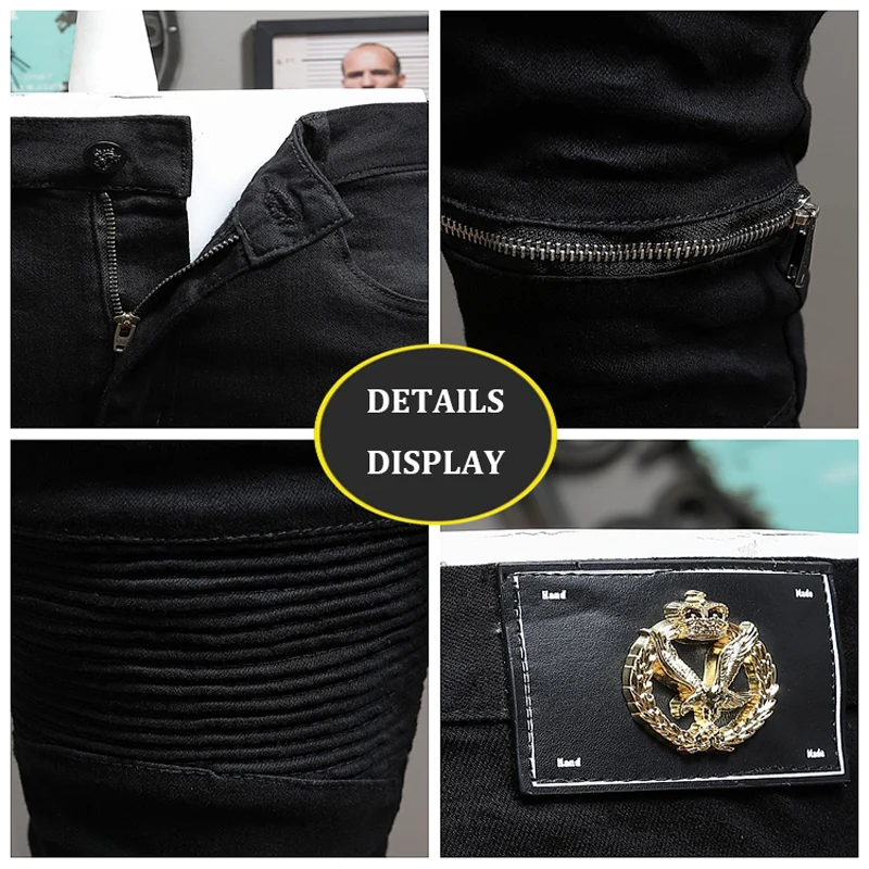 Street Fashion Men Jeans Stretch Elastic Slim Fit Spliced Designer Biker Jeans Men Black Trousers Zipper Hip Hop Pants Hombre