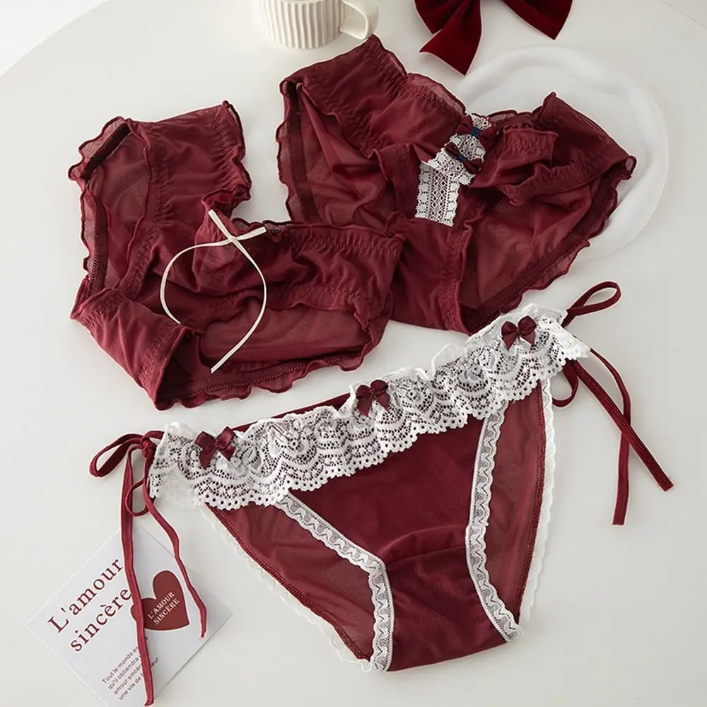 

Sweet Wine Red Bowknot Briefs Women Girl Lace Mesh Middle Waist Panties Ruffles Seamless Underwear for Female Lingerie