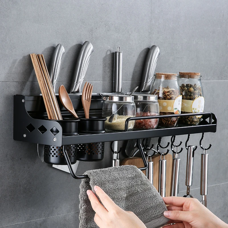 Wall Mounted Knife Holder Space Aluminium Shelf Kitchen Storage Rack Cutlery with Hook Kitchen Cabinet Organizer