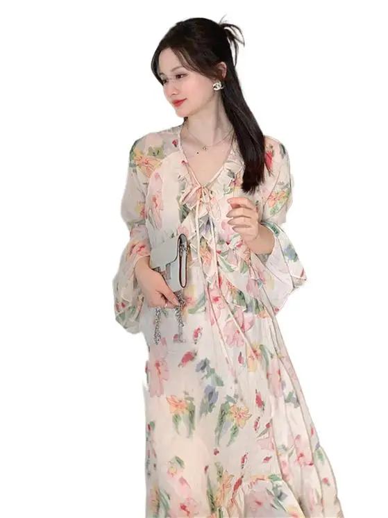 

Spring New Chiffon Feminine V-Neck Long Dress Elegant Hot Selling Floral Print Gentle Temperament Flowy Chic Fairycore Vestidos