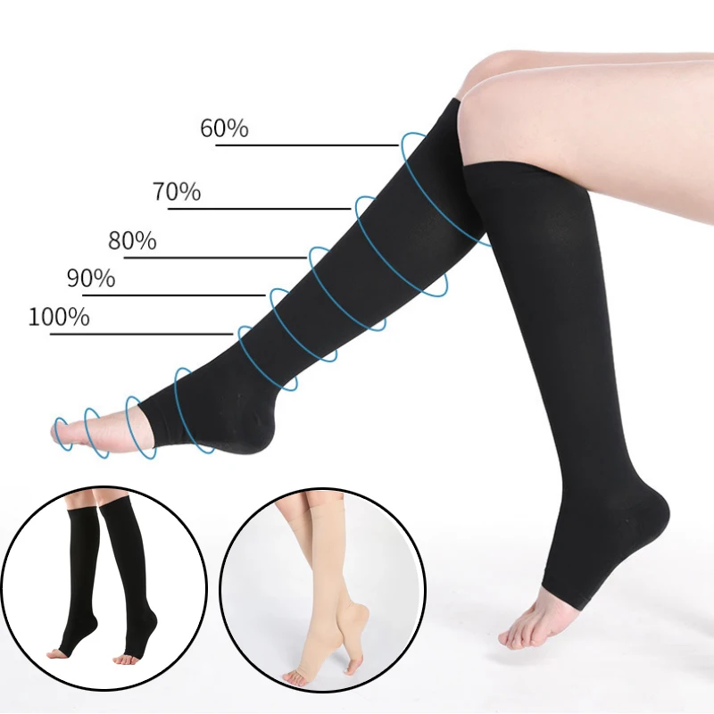Elastic Knee High Stockings Open Toe Medical Calf Compression Stockings Varicose Veins Shaping Graduated Pressure