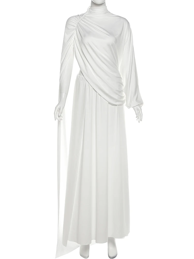 Nibber Greek Style 2Piece Set Women Turtleneck Asymmetrical Hem One Sleeve Folds Top+Elastic Waist Skirt Vacation Elegant Suits