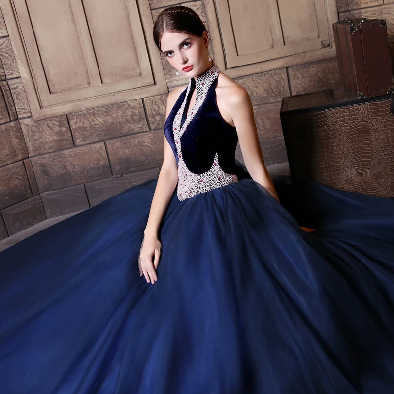 

navy blue halter beading Quinceanera fairy ball gown dress long vintage medieval Renaissance princess Victoria/party