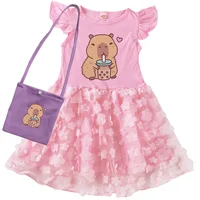 Vêtements Capybara mignons pour enfants, robe de soirée de mariage en dentelle, robes décontractées à manches courtes avec petit sac pour enfants 6