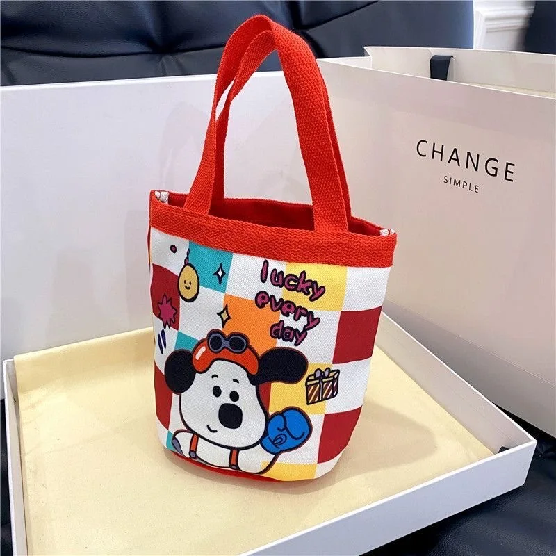Doodle-Print Canvas Bucket Bag &ndash; Cute Ins-Foodie Cylinder Tote for Girls Korean Style Lunch Box Carrier & Mommy Bag