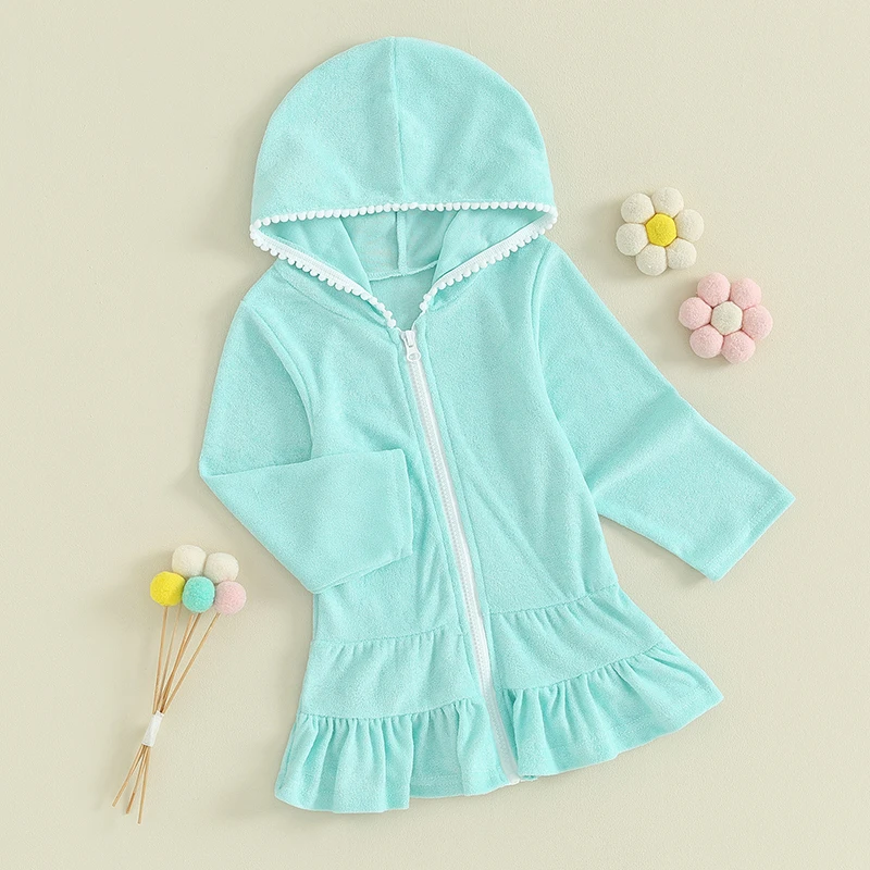 2-8Y Kids Girls Swimwear Dress Solid Color Hooded Ruffle Long Sleeve Beach Dress Children Bikini Cover-ups Baby Beachwear images - 6