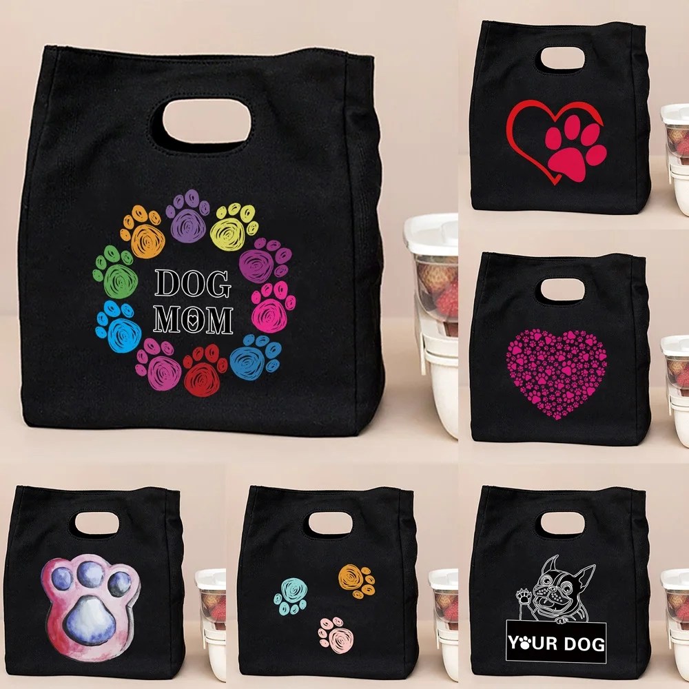 

Women's Lunch Bag Insulated Cooler Lunchbox Thermal Bento Pouch Footprints Pattern Canvas Tote Bags Kids Food Organizer Handbag