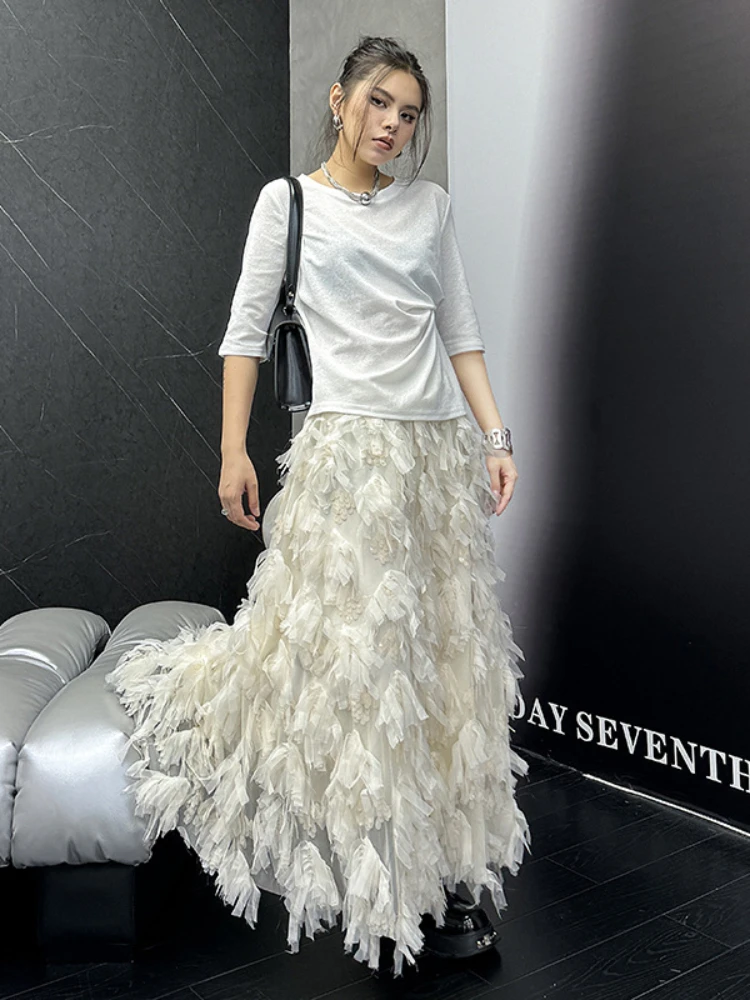 

Summer High Elastic Waist Feather Tassel Sequin Skirt Women 2024 Autumn New American Street Fashion Elegant A-Line Long Dress