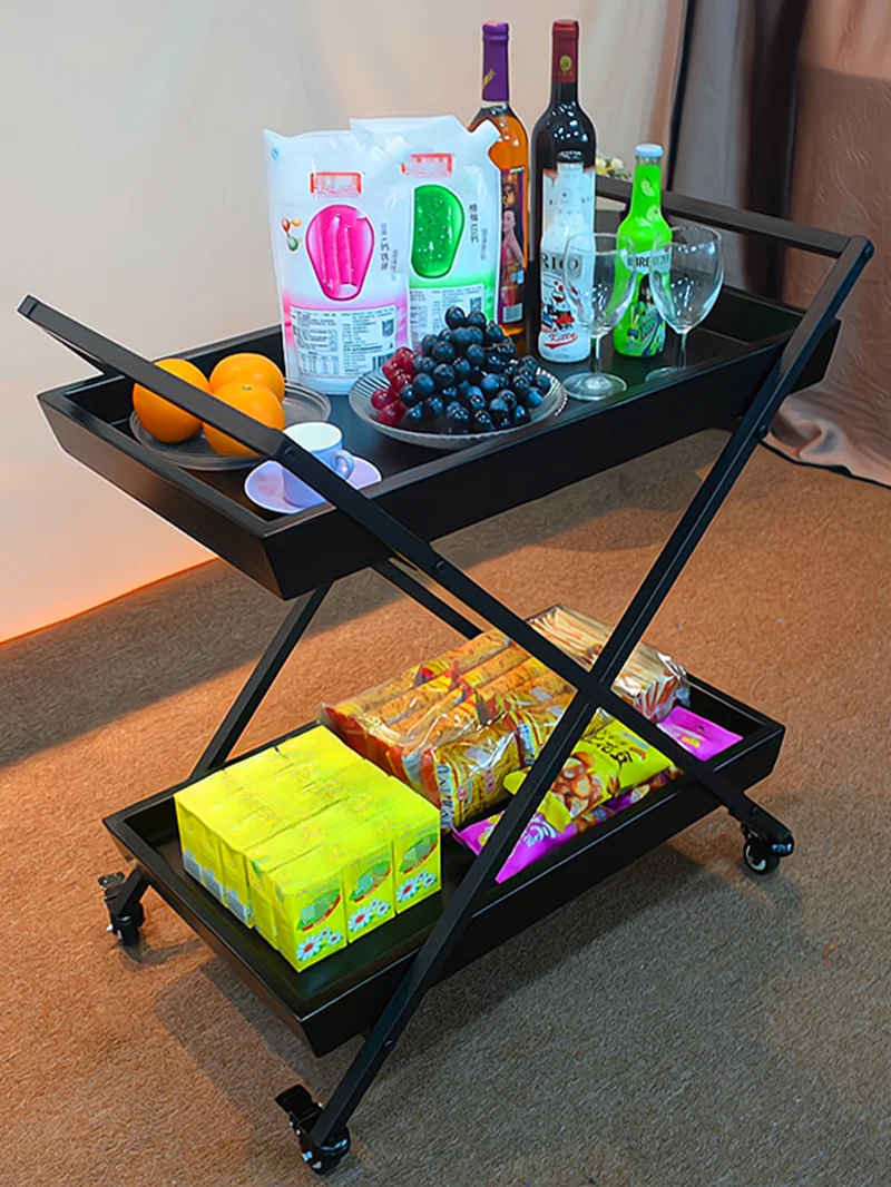 Retro Solid Wood Wrought Iron Dining Car, Hotel KTV Wine Service Car, Mobile Home Dining Tray Storage, Restaurant Trolley
