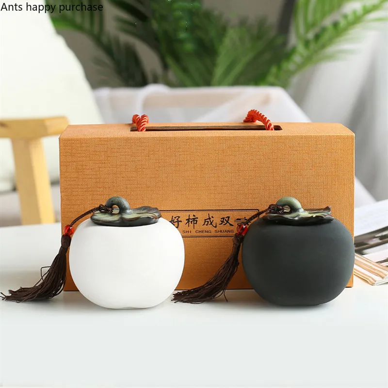 Persimmon Storage Tank Ceramics Tea Pot with Cover Small Portable Sealed Jar Tea Storage tea canister ceramic storage jar Home Desktop Decorative Cans Teaware