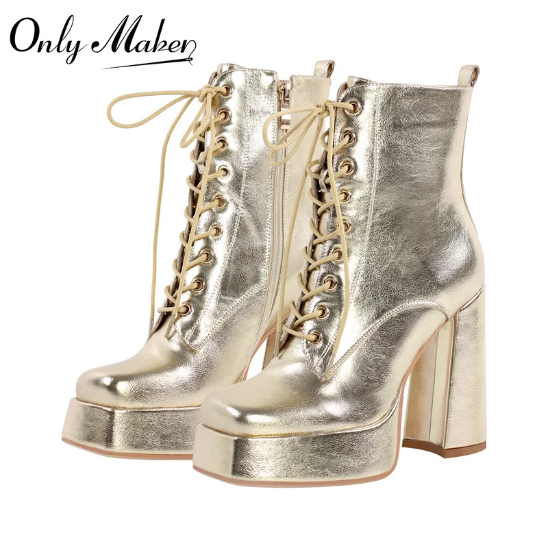 

Женские ботильоны на платформе Onlymaker, зимние ботинки на толстом высоком каблуке со шнуровкой и молнией