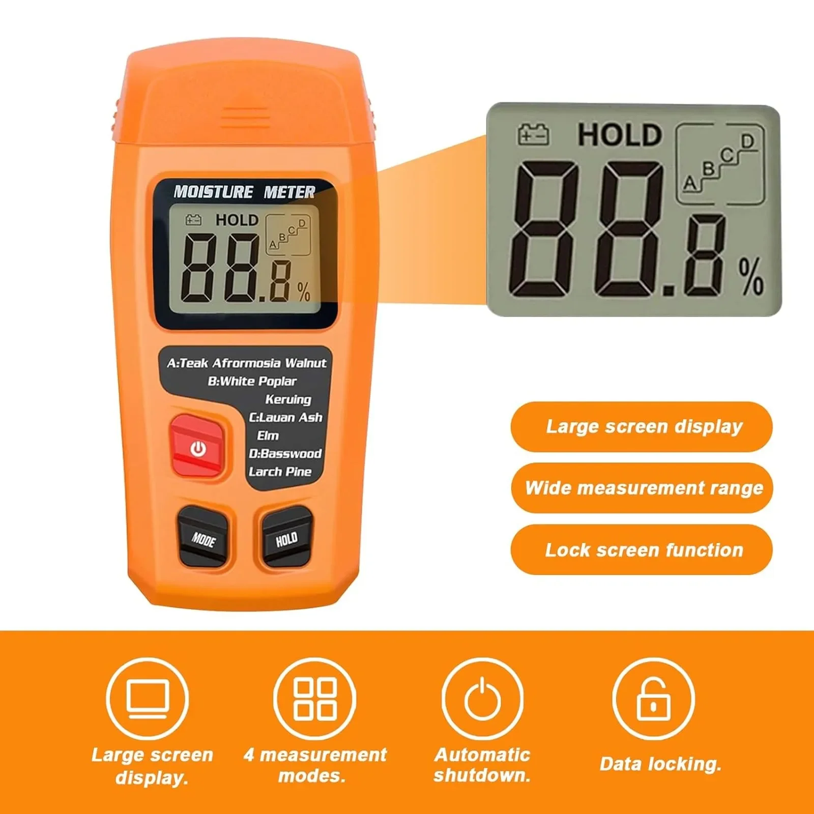 Wood Moisture Meter Digital, 4 Measurement Modes, Backlit LCD Display, Spindle Leak Detector for Firewood, Logs, Walls, Caravans