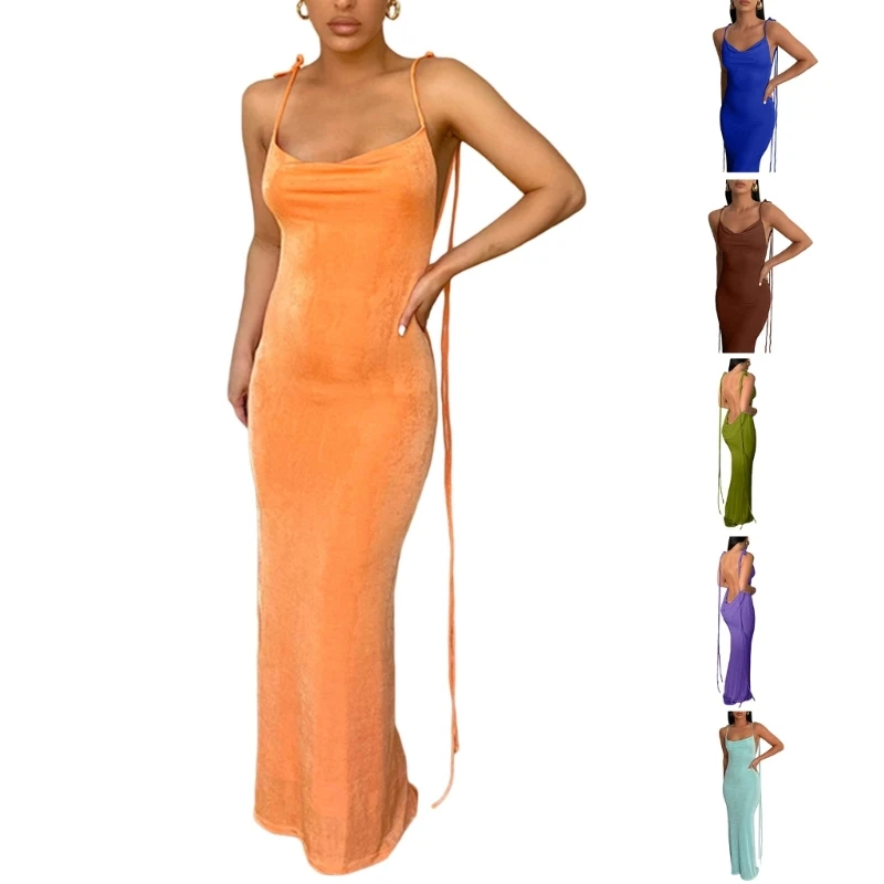 

Womens Spaghetti Strap Backless Bodycon Slim-Fitted Dress Maxi Long Dress Party Club Cocktail Dresses P8DB
