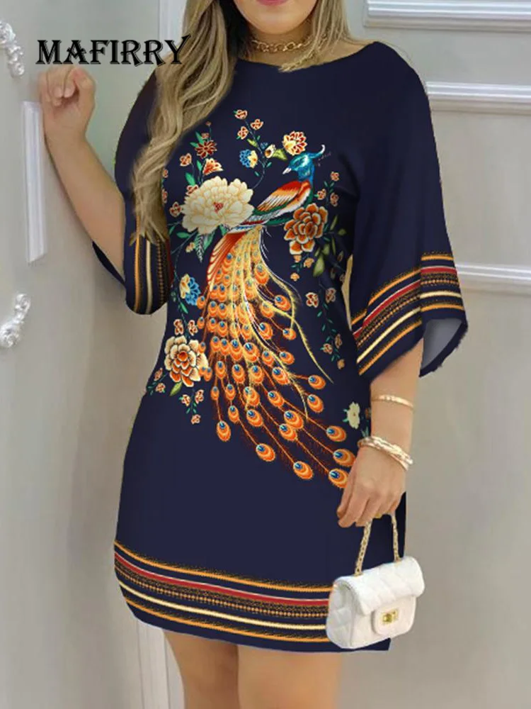 

2023 Elegant Round Neck Female Party Dress Summer Patchwork Batwing Sleeve Dresses Women Casual Print Loose Mini Dress Vestidos