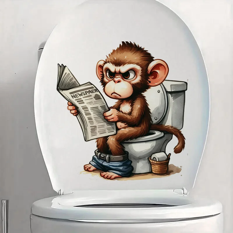 Cartoon Monkey Sitting on the Toilet Reading a Newspaper Sticker Toilet Lid Decal Apply for Wall Bathroom Cabinet Door etc