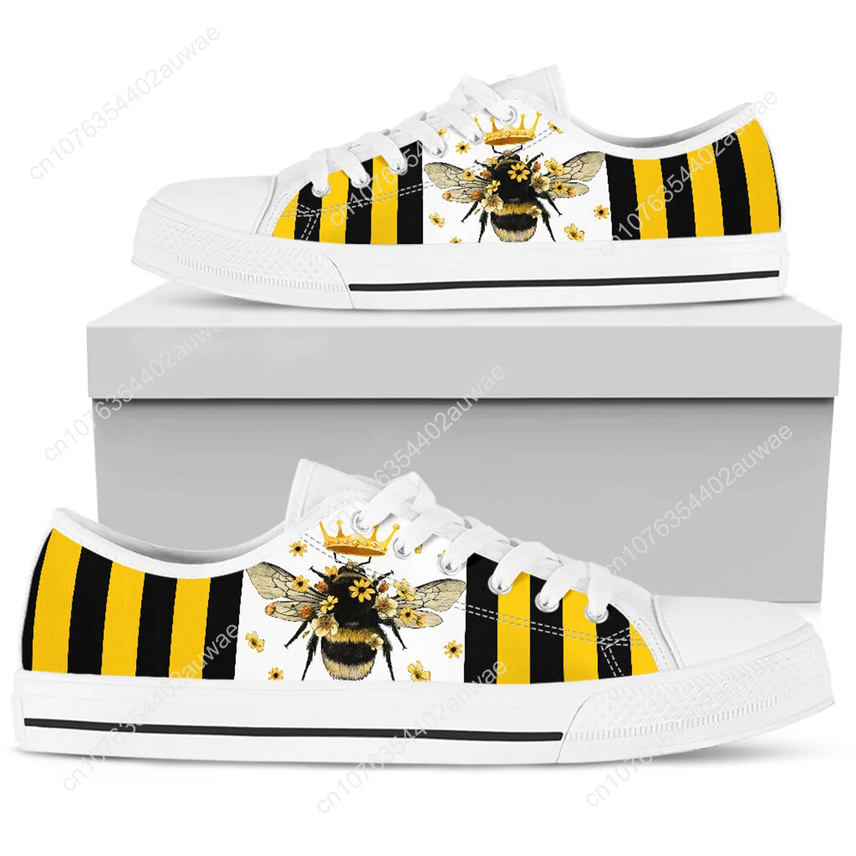 Shoes For Women Bee Queen Strip Casual Flats White Lace Up Shoes Comfortable Breathable Canvas Sneakers Sapatos Femininos