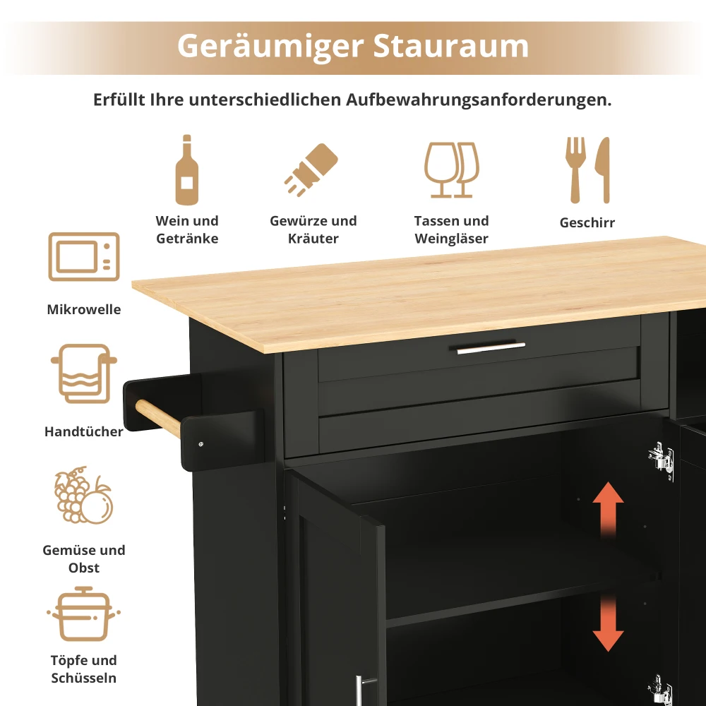 132.5*44(70)*90 cm mobiler Küchentisch, mit klappbarer Arbeitsplatte und Gewürzregal, Kücheninseln mit Handtuchhalter und 5 Rollen – Detail 40