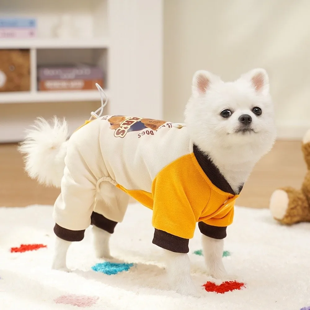 두꺼운 강아지 점프수트 컬러 블록 편안한 강아지 플리스 후디 조절 가능한 곰 패턴 네발옷 야외용