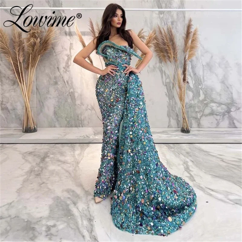 

Lowime Long Sequins Strapless Celebrity Dresses 2023 Couture Beaded Handmade Mermaid Arabic Evening Dress Wedding Party Gowns