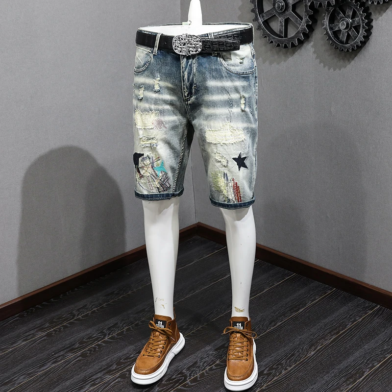 

Retro Denim Shorts Men's Nostalgic Hole & Patch Fashion Individual Casual Stretch Slim Fit Summer Pirate Shorts