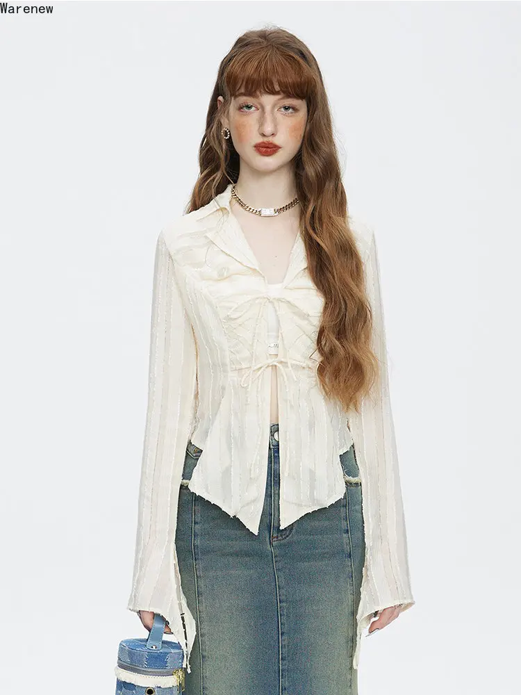 

2023 Summer Casual High Street Long Sleeve Notched Collar Shirts For Women Lace-up Hollow Out Sexy Asymmetrical Blouse Tops